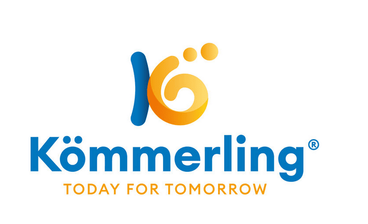 Kömmerling-Logo mit blauem Text und orangem Symbol, Slogan "Today for Tomorrow" in orange darunter.